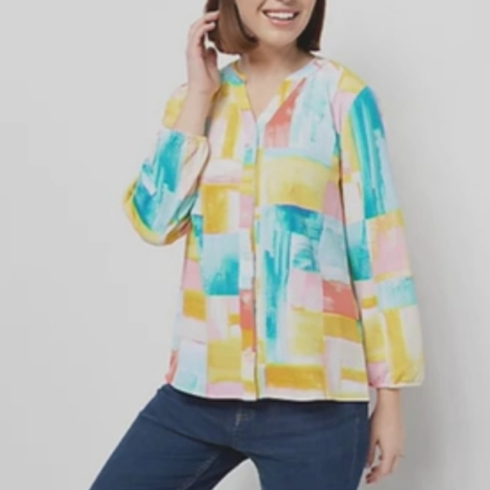 Denim & Co. Printed Y-Neck Button Front Blouse